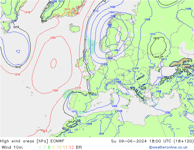 High wind areas ECMWF Dom 09.06.2024 18 UTC