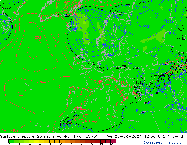 Surface pressure Spread ECMWF We 05.06.2024 12 UTC