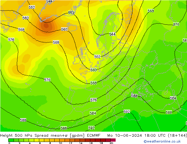 Height 500 hPa Spread ECMWF pon. 10.06.2024 18 UTC