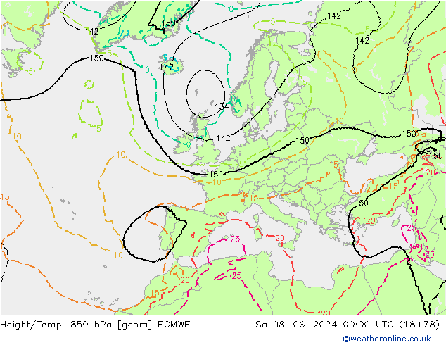 Height/Temp. 850 гПа ECMWF сб 08.06.2024 00 UTC