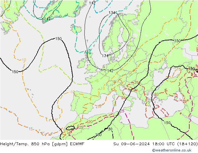 Height/Temp. 850 hPa ECMWF Su 09.06.2024 18 UTC