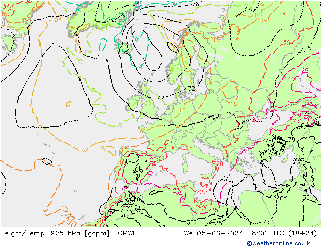 Height/Temp. 925 hPa ECMWF 星期三 05.06.2024 18 UTC