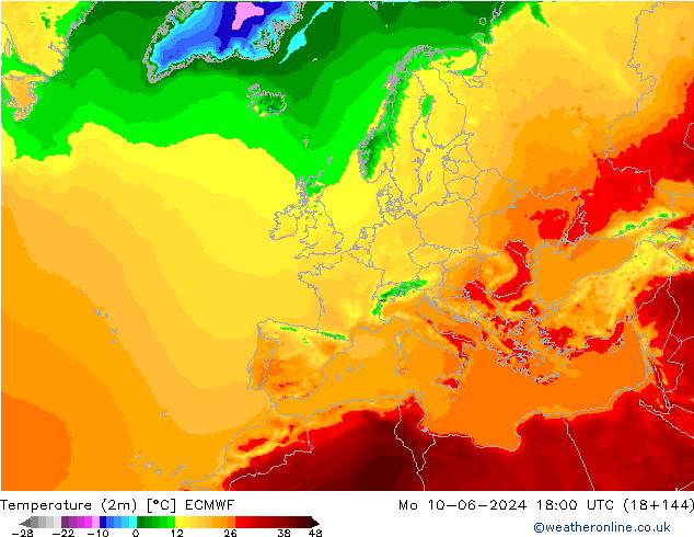 mapa temperatury (2m) ECMWF pon. 10.06.2024 18 UTC