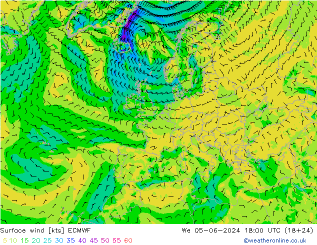 Vent 10 m ECMWF mer 05.06.2024 18 UTC