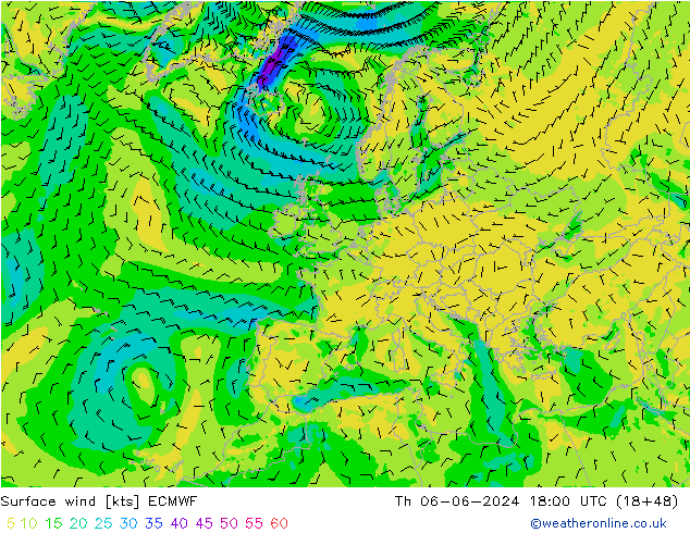 Bodenwind ECMWF Do 06.06.2024 18 UTC