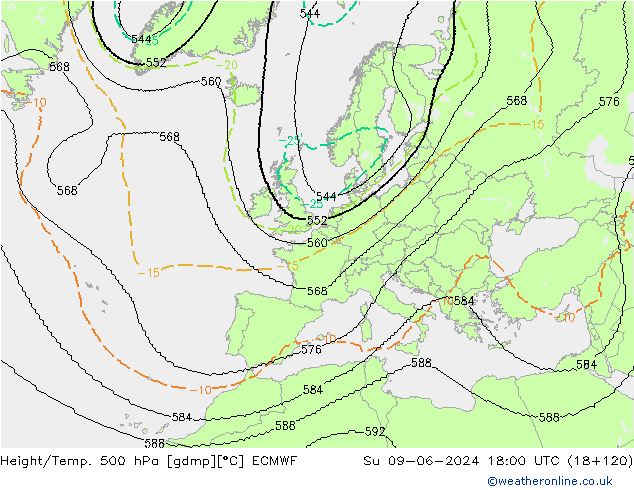 Height/Temp. 500 hPa ECMWF Su 09.06.2024 18 UTC