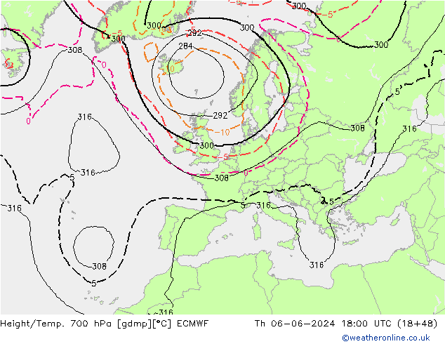 Height/Temp. 700 hPa ECMWF Do 06.06.2024 18 UTC