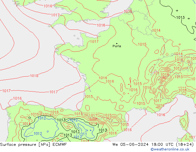 Luchtdruk (Grond) ECMWF wo 05.06.2024 18 UTC