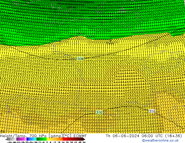 Height/Temp. 700 hPa ECMWF czw. 06.06.2024 06 UTC