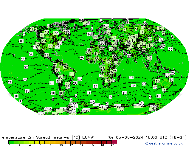 Temperatuurkaart Spread ECMWF wo 05.06.2024 18 UTC