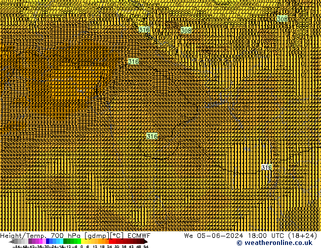 Height/Temp. 700 hPa ECMWF mer 05.06.2024 18 UTC