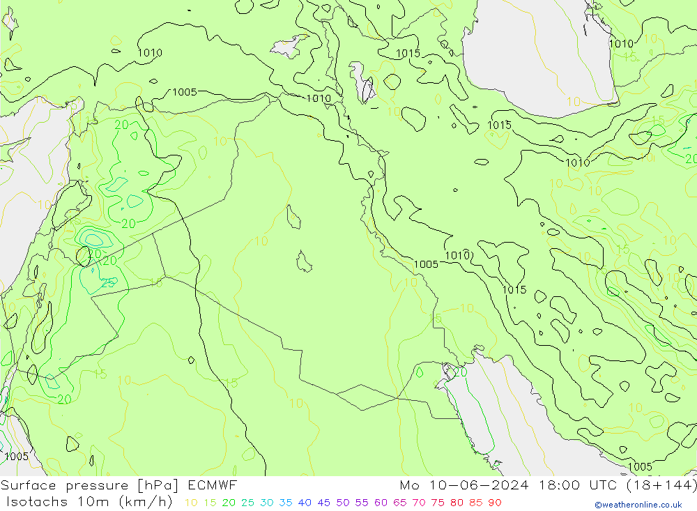 Isotachen (km/h) ECMWF ma 10.06.2024 18 UTC