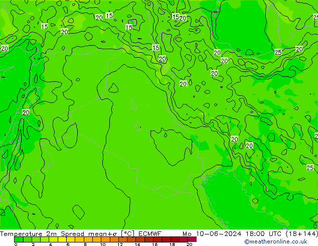 Temperatura 2m Spread ECMWF lun 10.06.2024 18 UTC