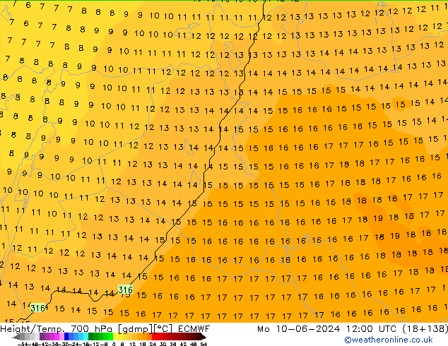 Géop./Temp. 700 hPa ECMWF lun 10.06.2024 12 UTC