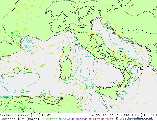 Isotachs (kph) ECMWF dim 09.06.2024 18 UTC