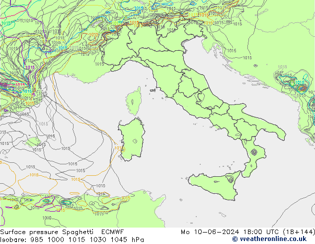 Presión superficial Spaghetti ECMWF lun 10.06.2024 18 UTC