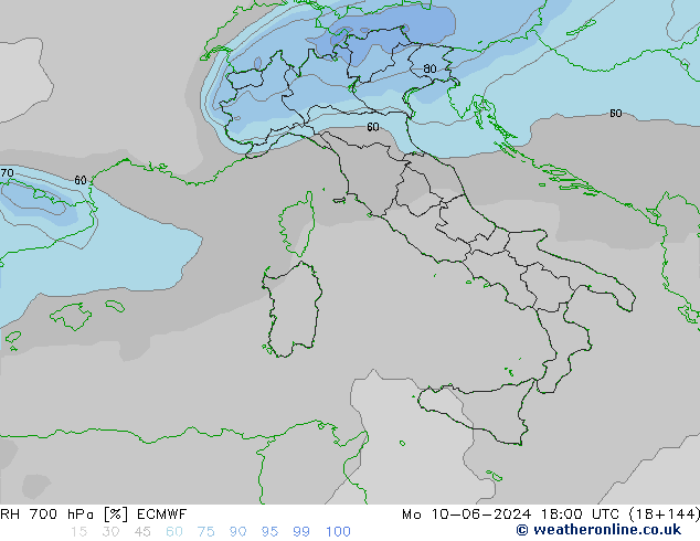 RH 700 hPa ECMWF Mo 10.06.2024 18 UTC