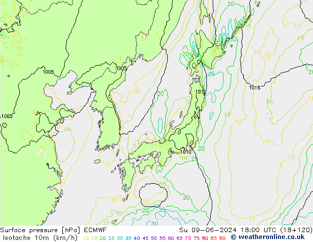 Isotachen (km/h) ECMWF So 09.06.2024 18 UTC