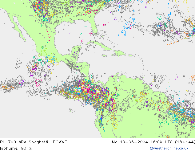 RH 700 hPa Spaghetti ECMWF Mo 10.06.2024 18 UTC