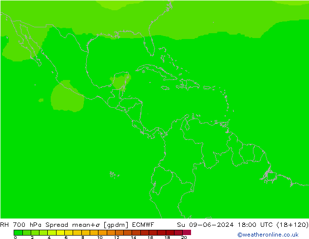 700 hPa Nispi Nem Spread ECMWF Paz 09.06.2024 18 UTC