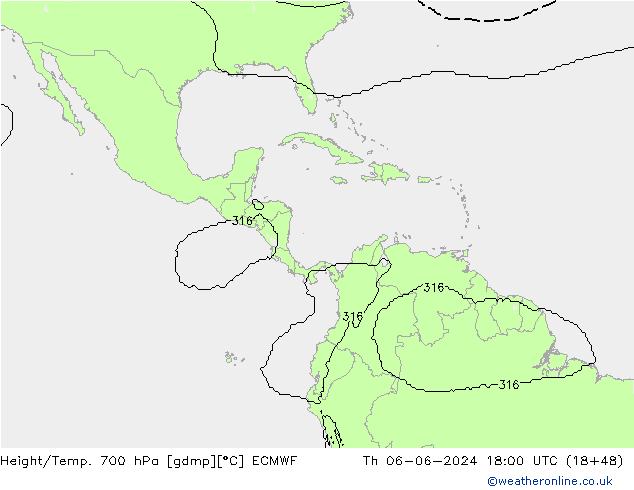 Geop./Temp. 700 hPa ECMWF jue 06.06.2024 18 UTC