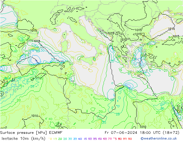 Eşrüzgar Hızları (km/sa) ECMWF Cu 07.06.2024 18 UTC