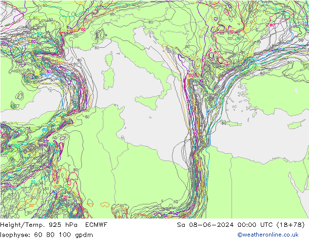 Height/Temp. 925 hPa ECMWF Sáb 08.06.2024 00 UTC