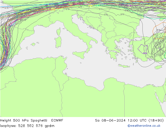 Height 500 hPa Spaghetti ECMWF  08.06.2024 12 UTC