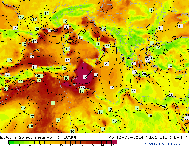 Izotacha Spread ECMWF pon. 10.06.2024 18 UTC