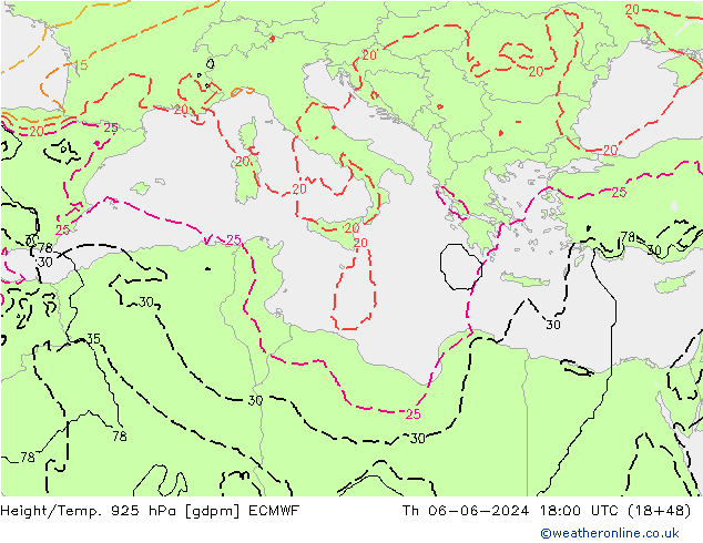 Hoogte/Temp. 925 hPa ECMWF do 06.06.2024 18 UTC