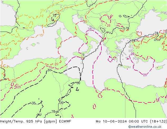 Height/Temp. 925 hPa ECMWF Mo 10.06.2024 06 UTC