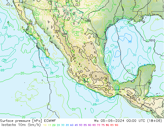 Isotachen (km/h) ECMWF Mi 05.06.2024 00 UTC