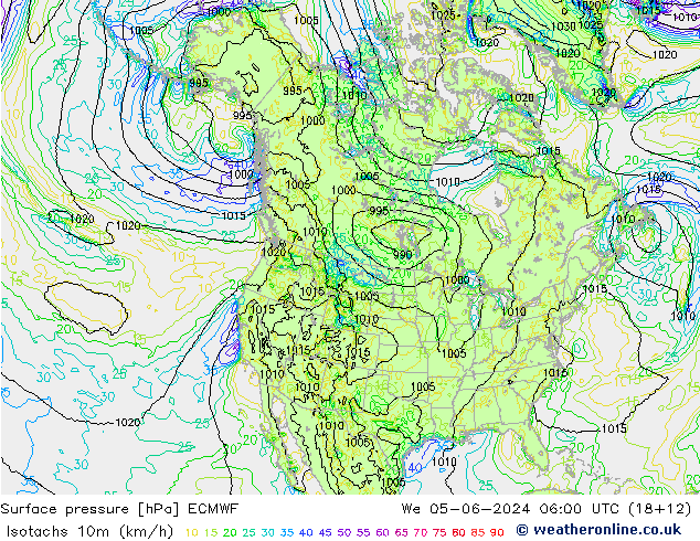 Isotachen (km/h) ECMWF Mi 05.06.2024 06 UTC