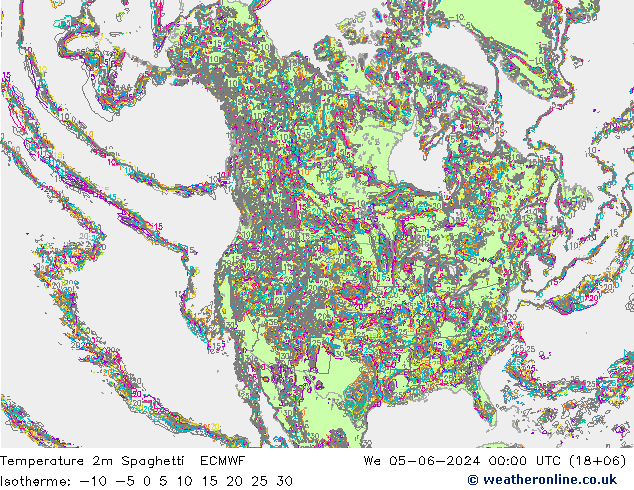 Temperature 2m Spaghetti ECMWF We 05.06.2024 00 UTC