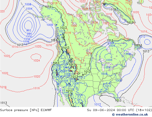 Presión superficial ECMWF dom 09.06.2024 00 UTC