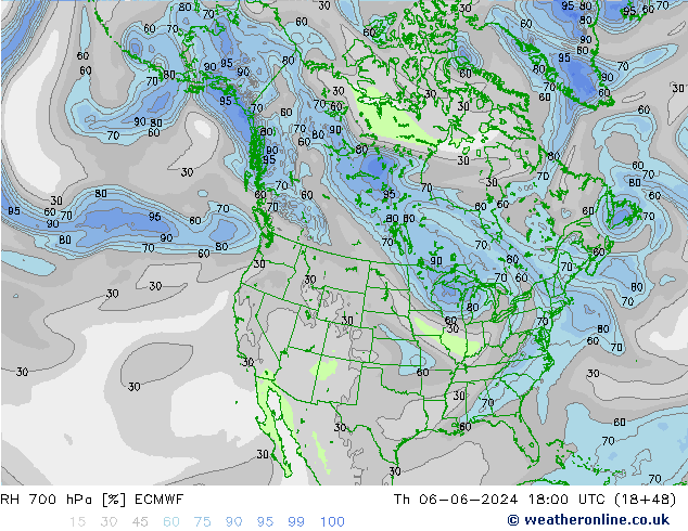 RH 700 hPa ECMWF Th 06.06.2024 18 UTC