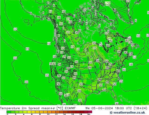 Temperaturkarte Spread ECMWF Mi 05.06.2024 18 UTC