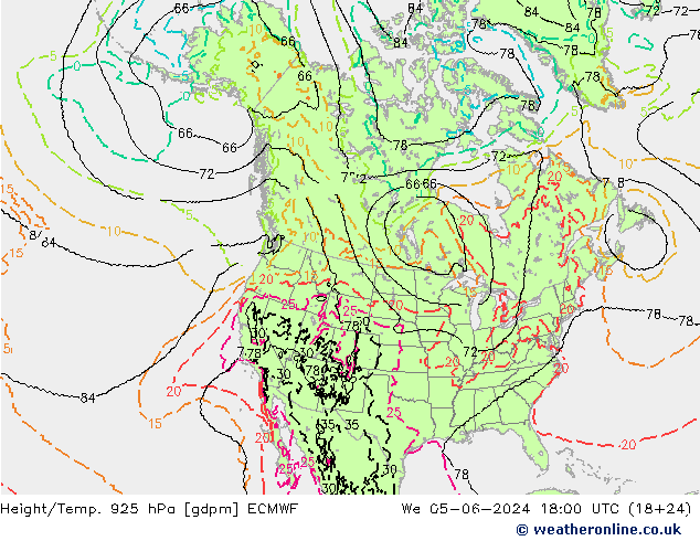 Height/Temp. 925 hPa ECMWF Mi 05.06.2024 18 UTC