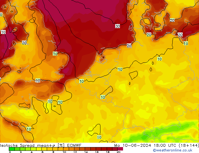 Isotachs Spread ECMWF lun 10.06.2024 18 UTC