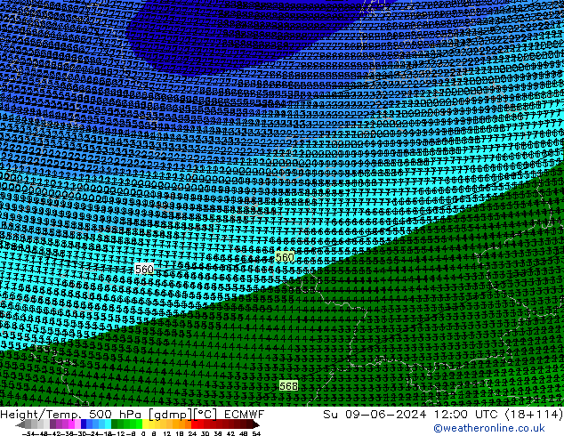 Height/Temp. 500 hPa ECMWF Su 09.06.2024 12 UTC