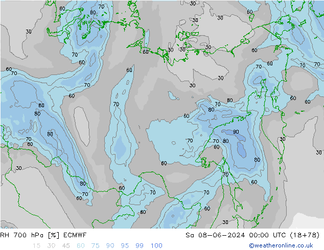 RH 700 hPa ECMWF sab 08.06.2024 00 UTC