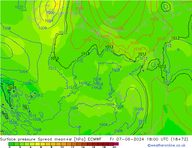 Pressione al suolo Spread ECMWF ven 07.06.2024 18 UTC