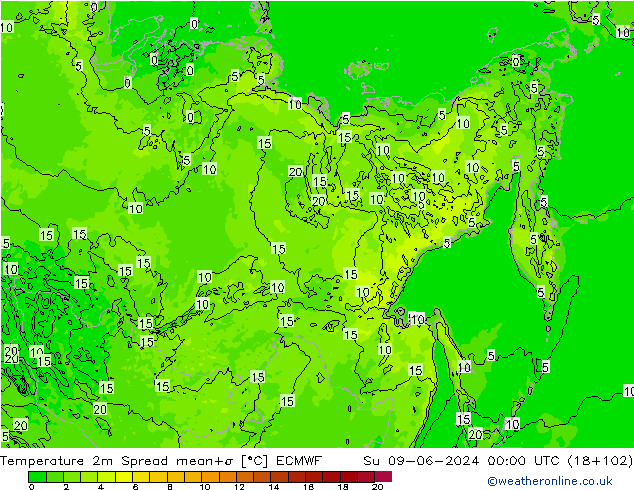 Temperature 2m Spread ECMWF Ne 09.06.2024 00 UTC