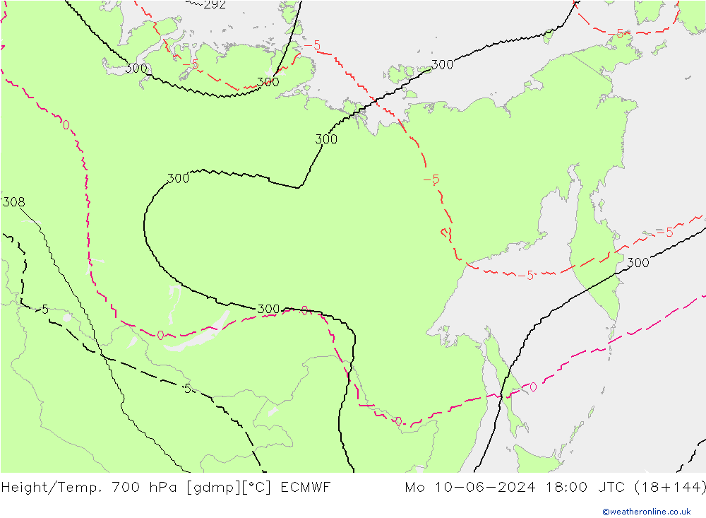 Height/Temp. 700 hPa ECMWF pon. 10.06.2024 18 UTC