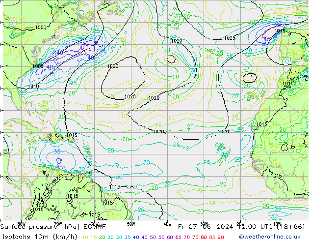 Isotachs (kph) ECMWF  07.06.2024 12 UTC