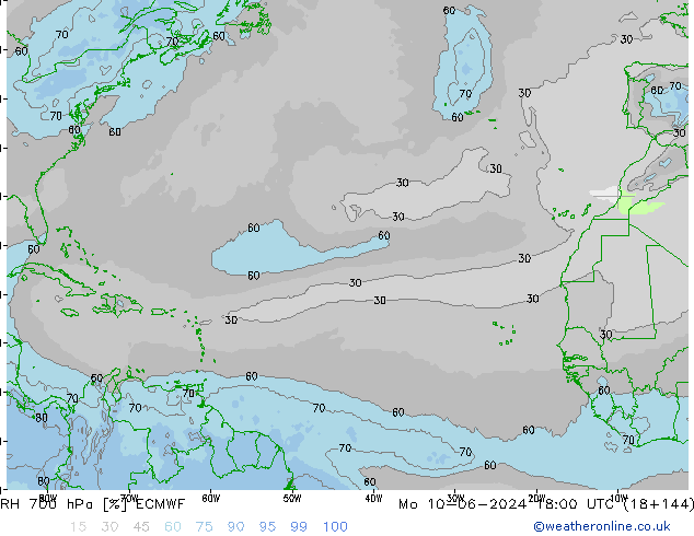 Humidité rel. 700 hPa ECMWF lun 10.06.2024 18 UTC