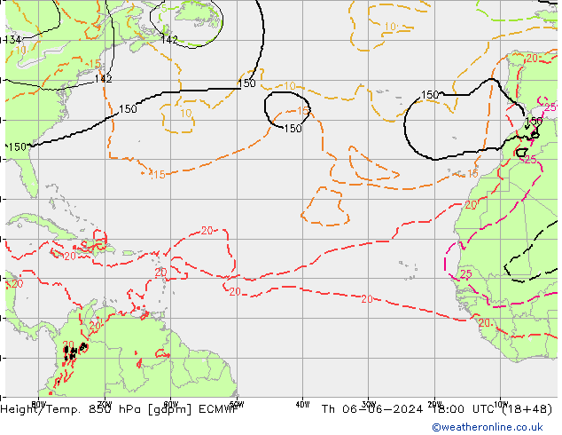 Height/Temp. 850 hPa ECMWF Do 06.06.2024 18 UTC