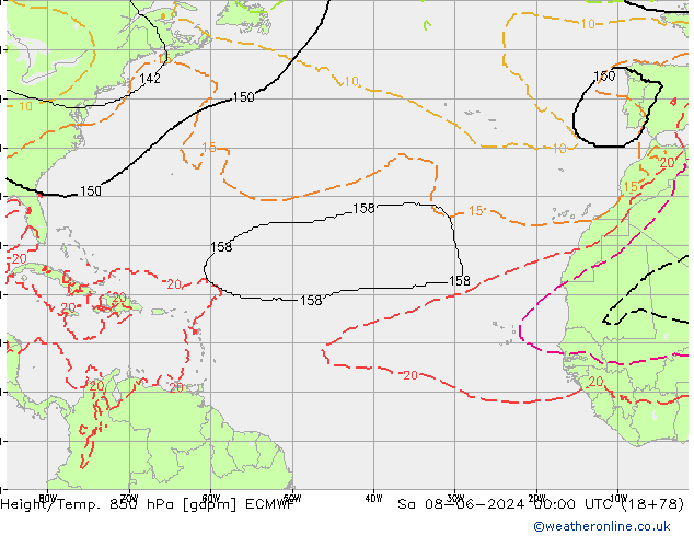 Height/Temp. 850 hPa ECMWF so. 08.06.2024 00 UTC