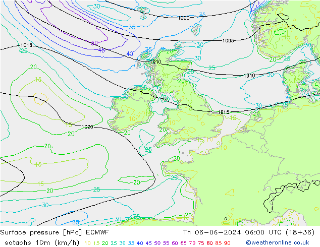 Isotachs (kph) ECMWF Th 06.06.2024 06 UTC