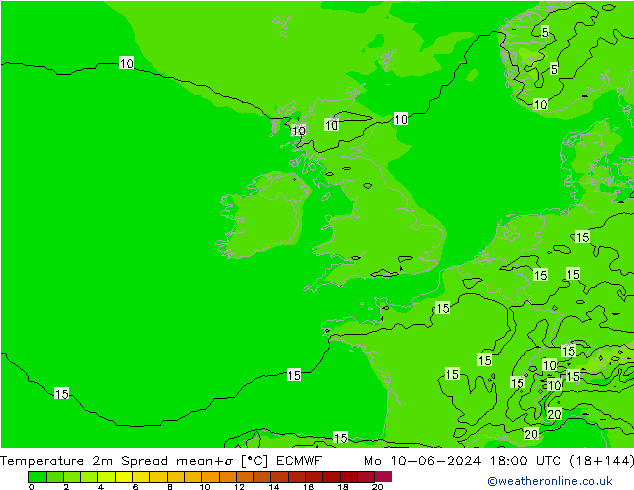 Temperatura 2m Spread ECMWF Seg 10.06.2024 18 UTC